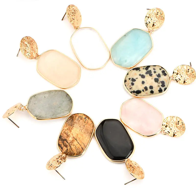 Colorful Gemstone Drop Earrings Hypoallergenic Pendant Stone Personality Metal Earrings