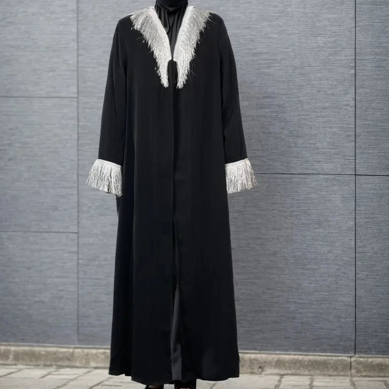 Black Abaya Women Muslim Dress 2024 Dubai Fashion Front Open Abaya With Tassel
