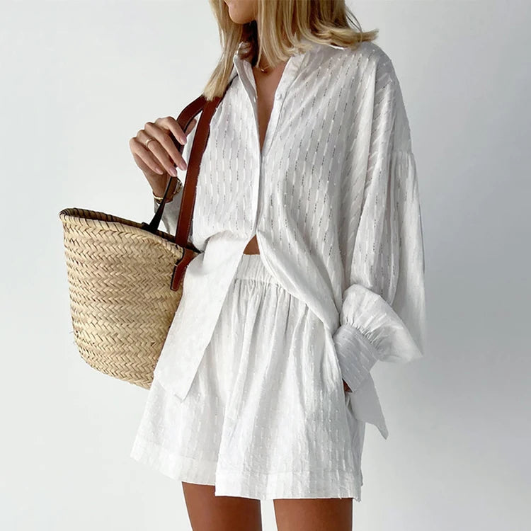 Summer Women Wear Jacquard Fabric Casual Wear Puff Sleeves Top Shorts Commuter Design Casual Suit