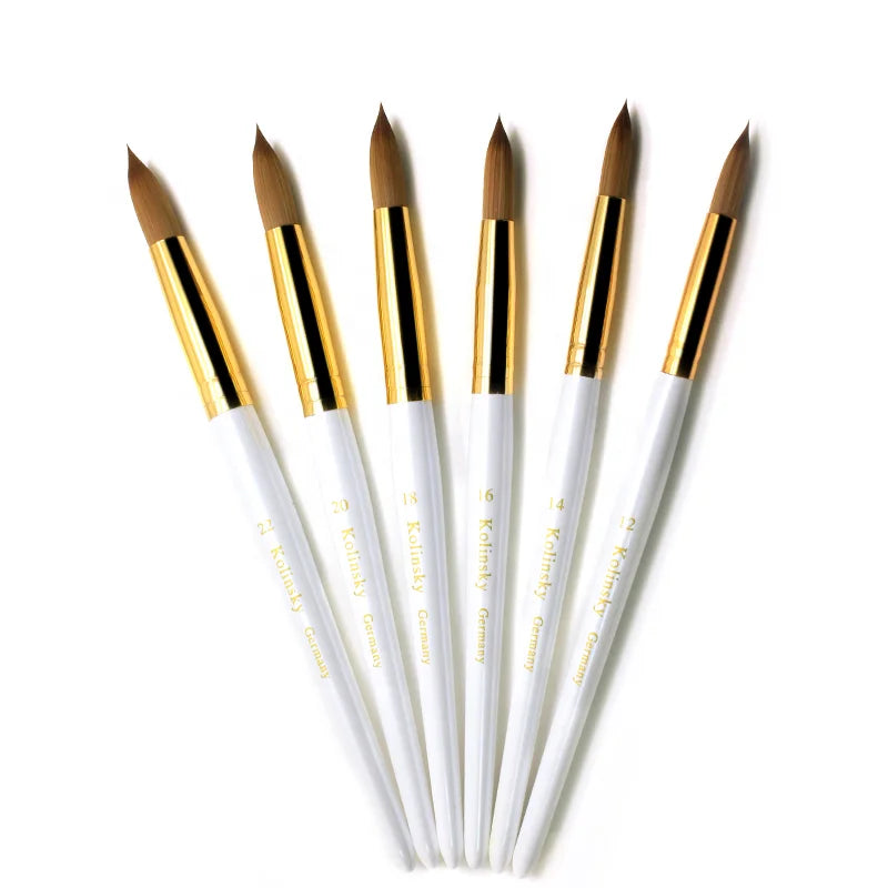 Yalixin OEM Custom Logo White/Glod Wood Handle Acrylic 100% Real Kolinsky Round Head Acrylic Nail Brush for Nail Beauty
