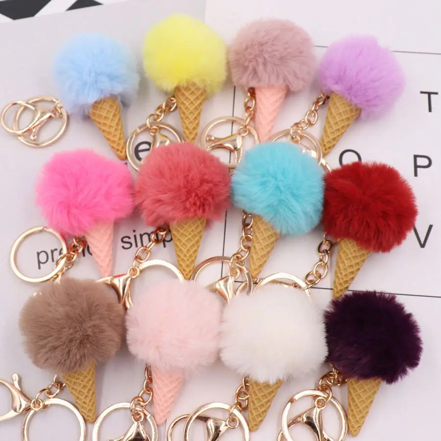 Kawaii Pompom Keychain Ice Cream Cone Furry Pom Pom Decorative Purse Backpack Bag Pendant Clip Puff Bal Plush Key Chains Charms