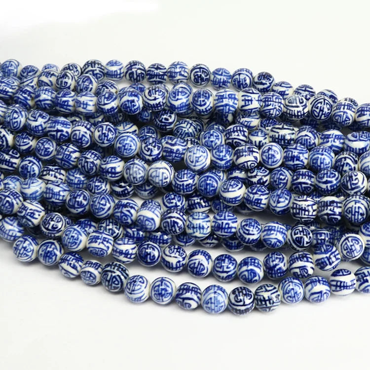 CC1888 Hand Painted Blue White Porcelain Round Beads Chinoiserie Double Happiness Longevity Ceramic Beads for DIY Jewelry