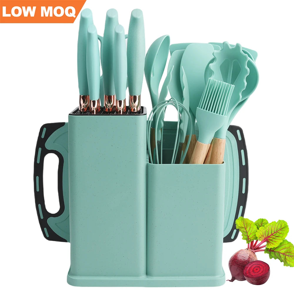 RTS Kitchen Knives Accessories Silicone Cooking Utensil Knife Set Kitchen Utensils Kitchen Knife Set with Chopping Board