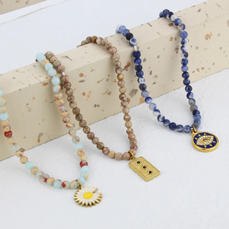 Fashion 4mm Spiritual Healing Natural Gem Blue Green Stone Crystal Chain Statement Necklace Jewelry
