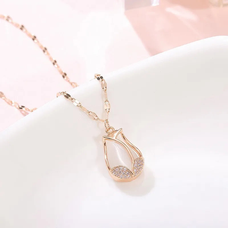AA00369 Fashion Korean Stainless Steel Choker Tulip Shape Opal Pendant Necklace Gold Plated Choker Clavicle Chain