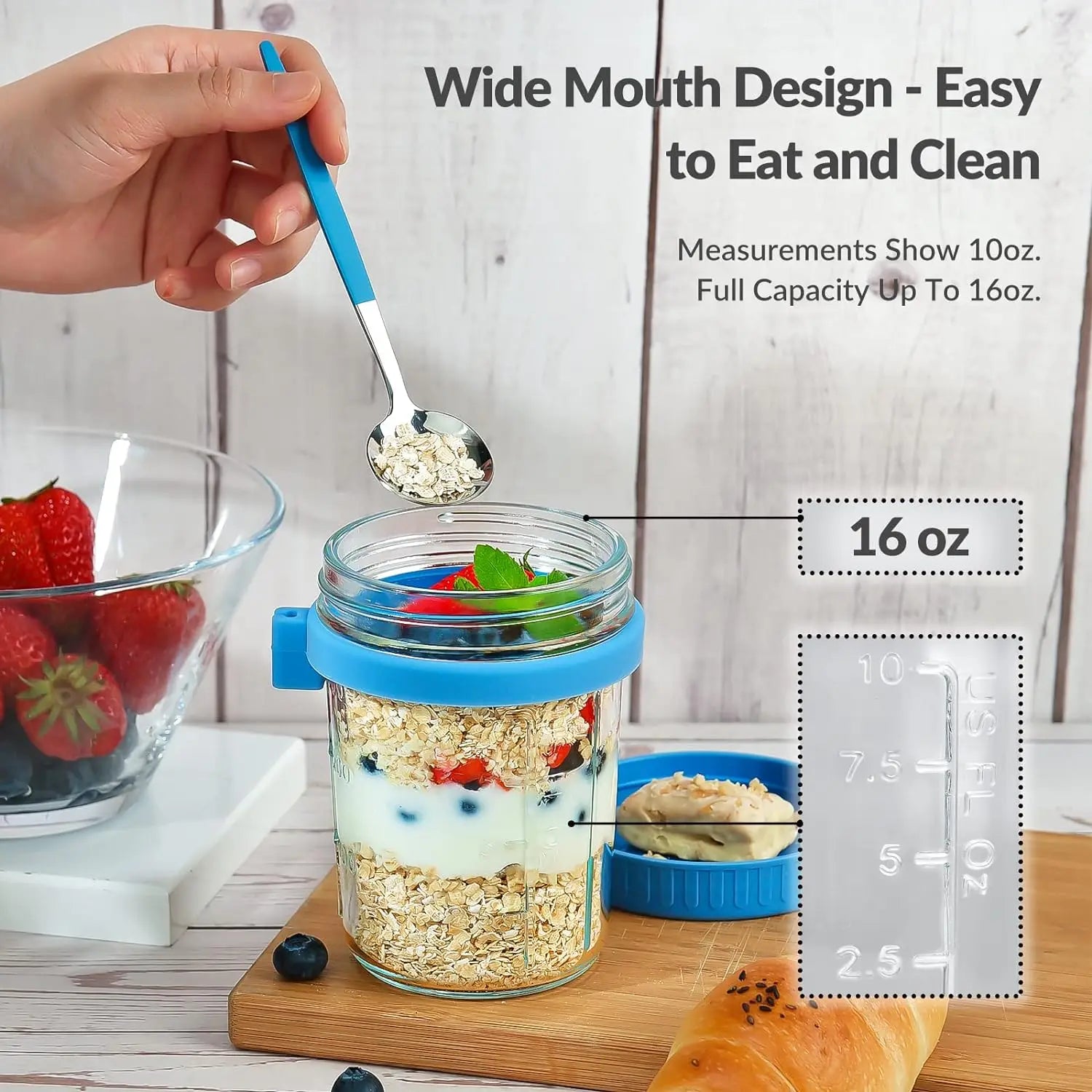 16 Oz Leak-Proof Overnight Oats Glass Containers Lids PP Plastic Spoons Mason Jars Cereal Fruit Vegetable Milk Yogurt Storage