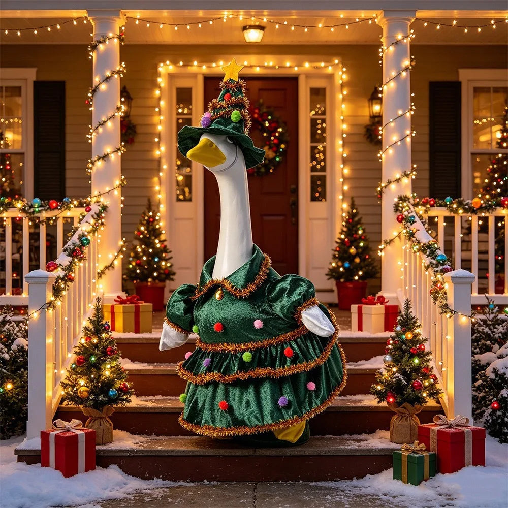 Pafu Patio Porch Goose Decor 23" High Statue Christmas Outfits Green Garden Goose Dress & Hat Christmas Tree Porch Goose Outfits MegaBDM