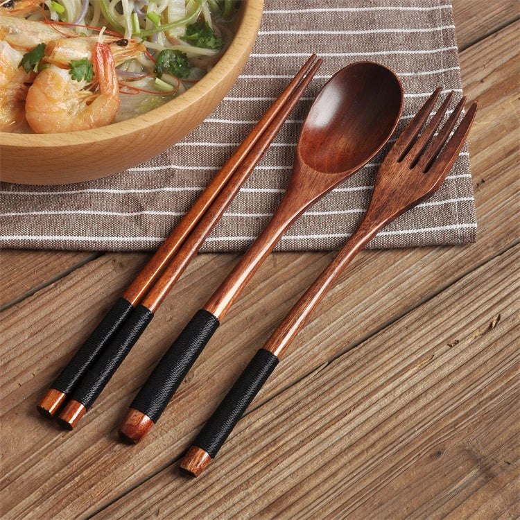 BAMBUS Phoebe Travel Cutlery Set Black Wood Spoon Chopsticks Fork for Eating Zhennan Wood  Giveaways Wooden Spoon Flatware Sets