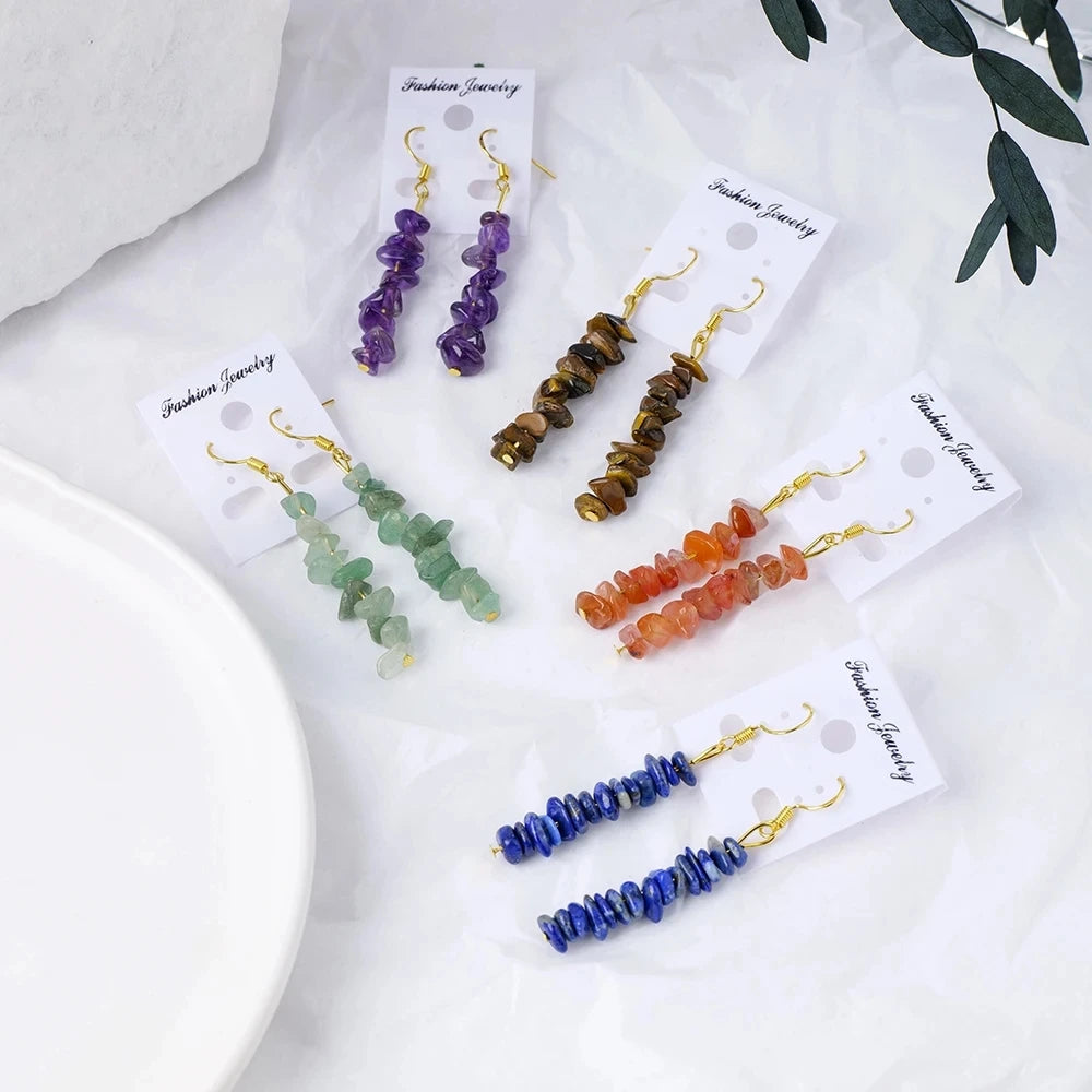 Gold Plated Stainless Steel Hook Natural Crushed Crystal Quartz Amethyst Chip Beaded Pendant Earrings for Women Daily Jewelry