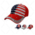 Wholesale Custom Logo American Flag Rhinestone Cotton 6 Panel Structured Hats 3D Embroidered Baseball Cap