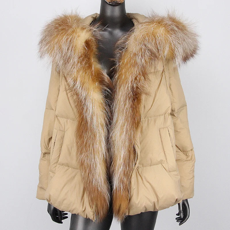 2024 New Women's Luxury Coat Winter Leisure Fashion Duck Jacket with Real Fur Hood Long Elastic Sleeves Casual Short Length