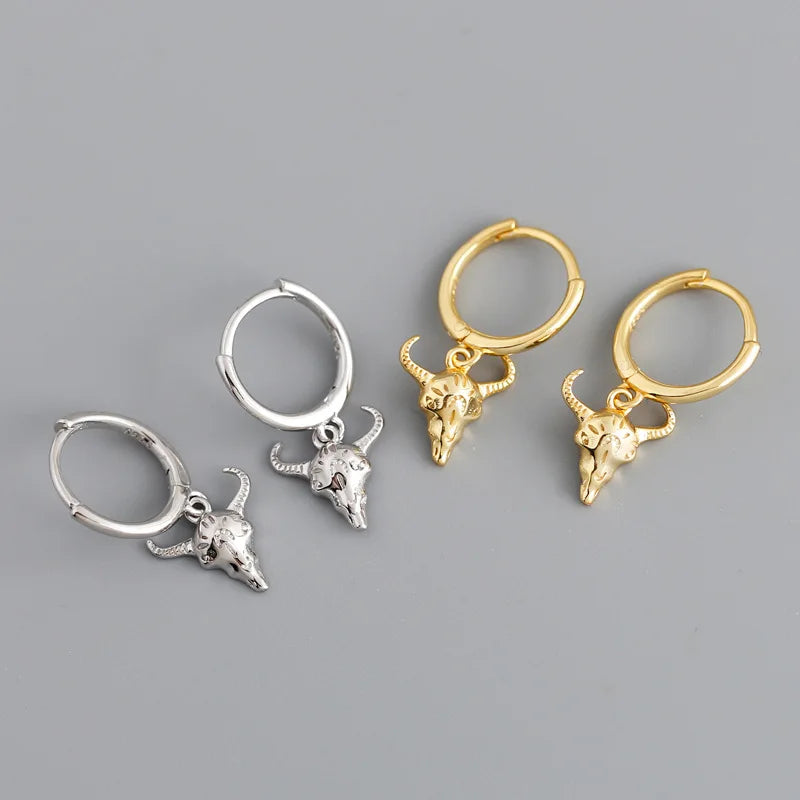 Customized Fine Jewelry Skull Bull Head Pendant Earrings S925 Sterling Silver Animal Ear Clip Hoop Earrings