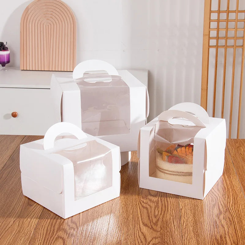 3/4/6/8 Inch Birthday Cake Box White Hand Open Window Transparent Mousse Dessert Baking Birthday Cake Packaging Box