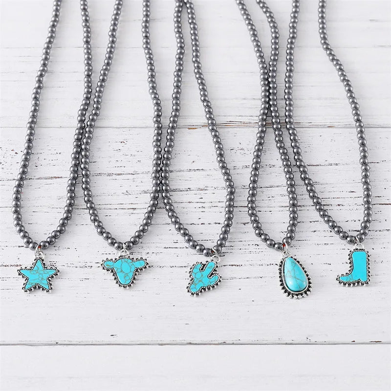 Turquoise Squash Faux Pearl Choker Necklace for Women Navajo Style Fashion Pendant Cactus/Cowboy Boot/Star/Steer Bull Head
