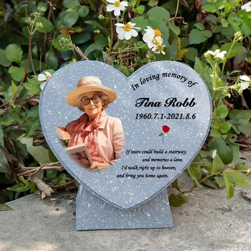 Speckled Heart-Shaped Resin Crafts Garden Ornaments Custom Photo/Name/Date Poem Detail Outdoor Human Memorial Business Gift Art