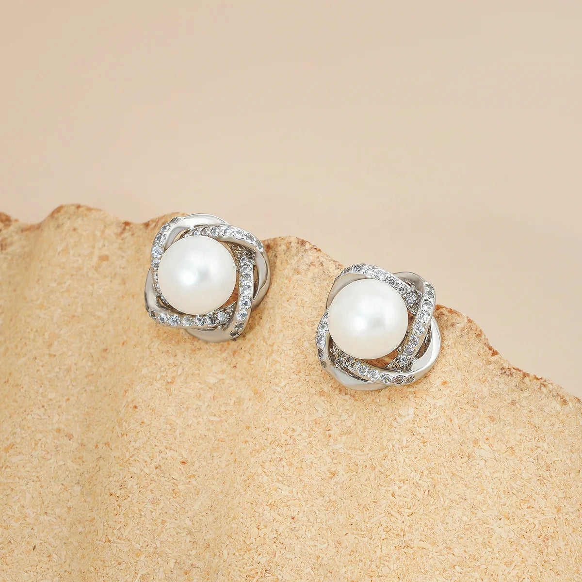 Korean Style 925 Sterling Silver Stud Earrings Zircon Square Natural Freshwater Pearl Ball Shape Wedding Jewelry for Parties