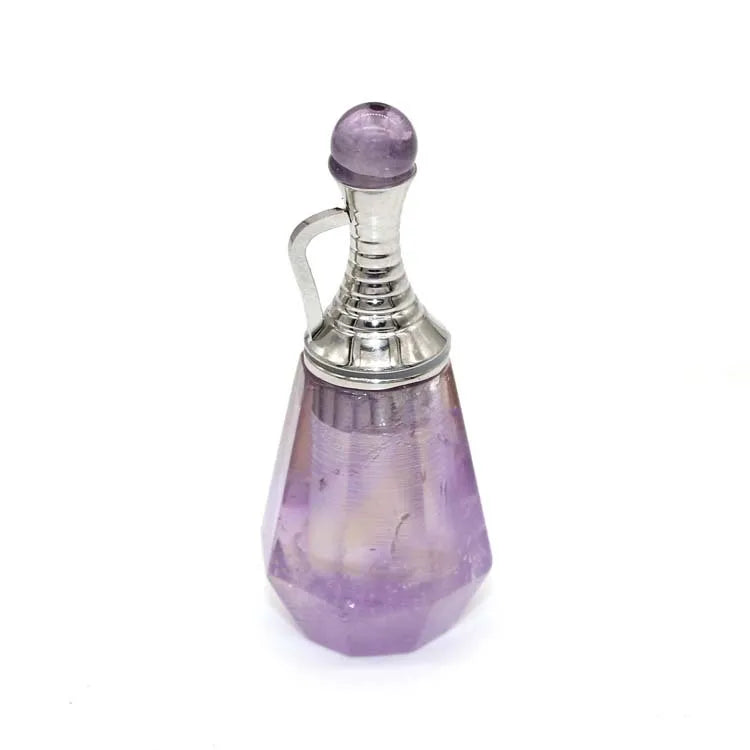 HZ Wholesale Natural Crystal Amethyst Facet Stainless Steel Silver Kettle-shaped Perfume Essential Oil Bottle Pendant Jewelry