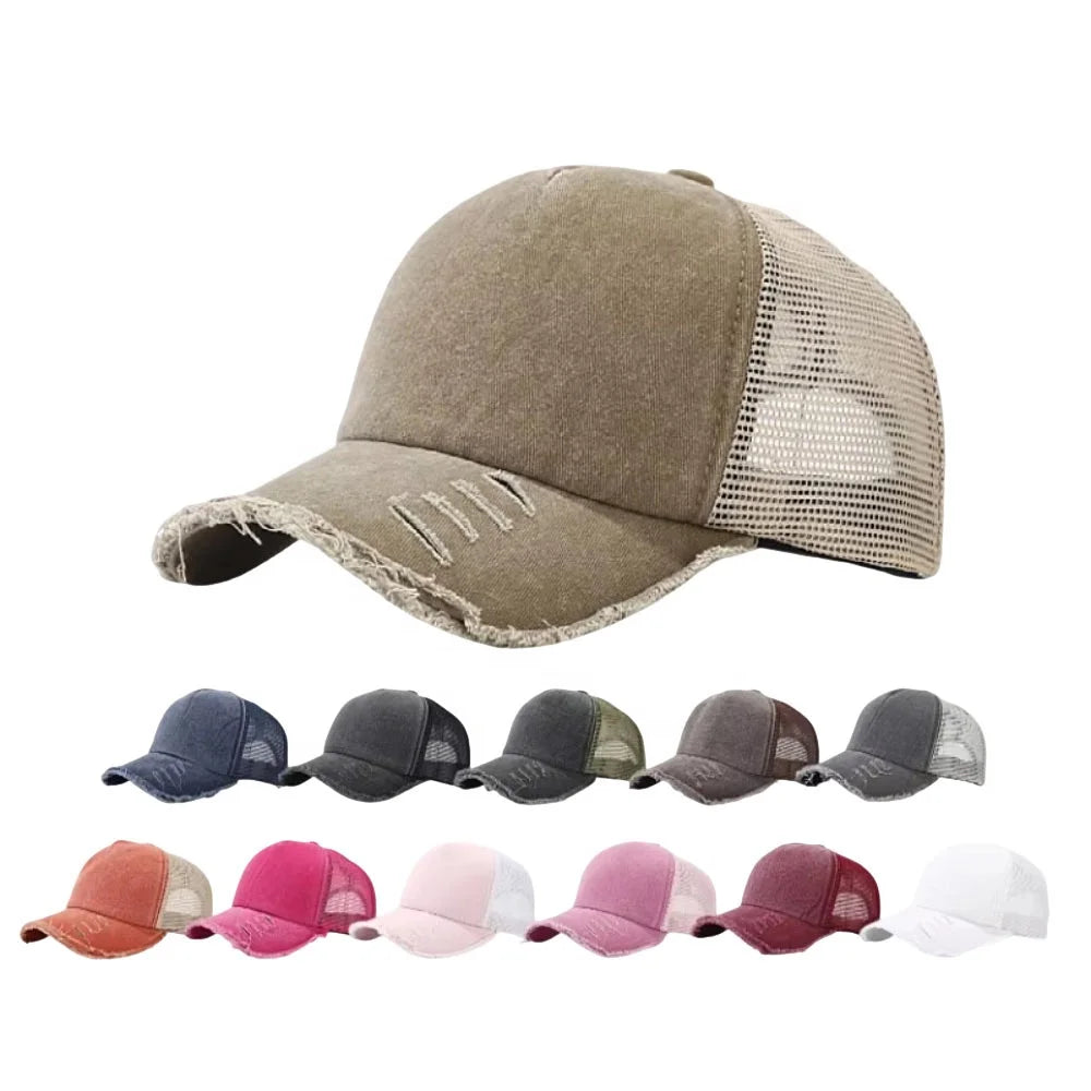 Hot Sale Summer Mesh Custom 5 -Panel Washed Cotton Fashion Vintage  Distressed Trucker Hat