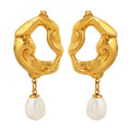Fashion New Women Jewelry Stainless Steel Geometric Textured Dangle Fresh Water Pearl Drop Earrings