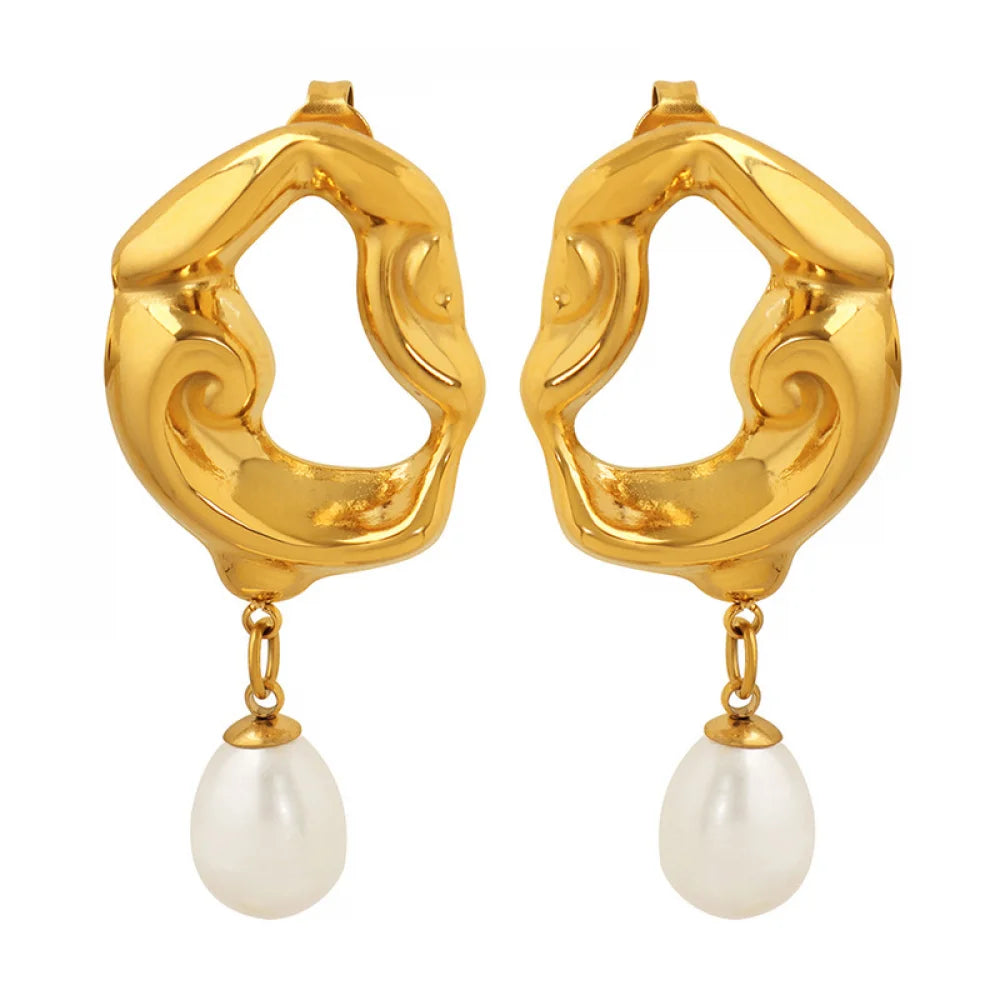 Fashion New Women Jewelry Stainless Steel Geometric Textured Dangle Fresh Water Pearl Drop Earrings