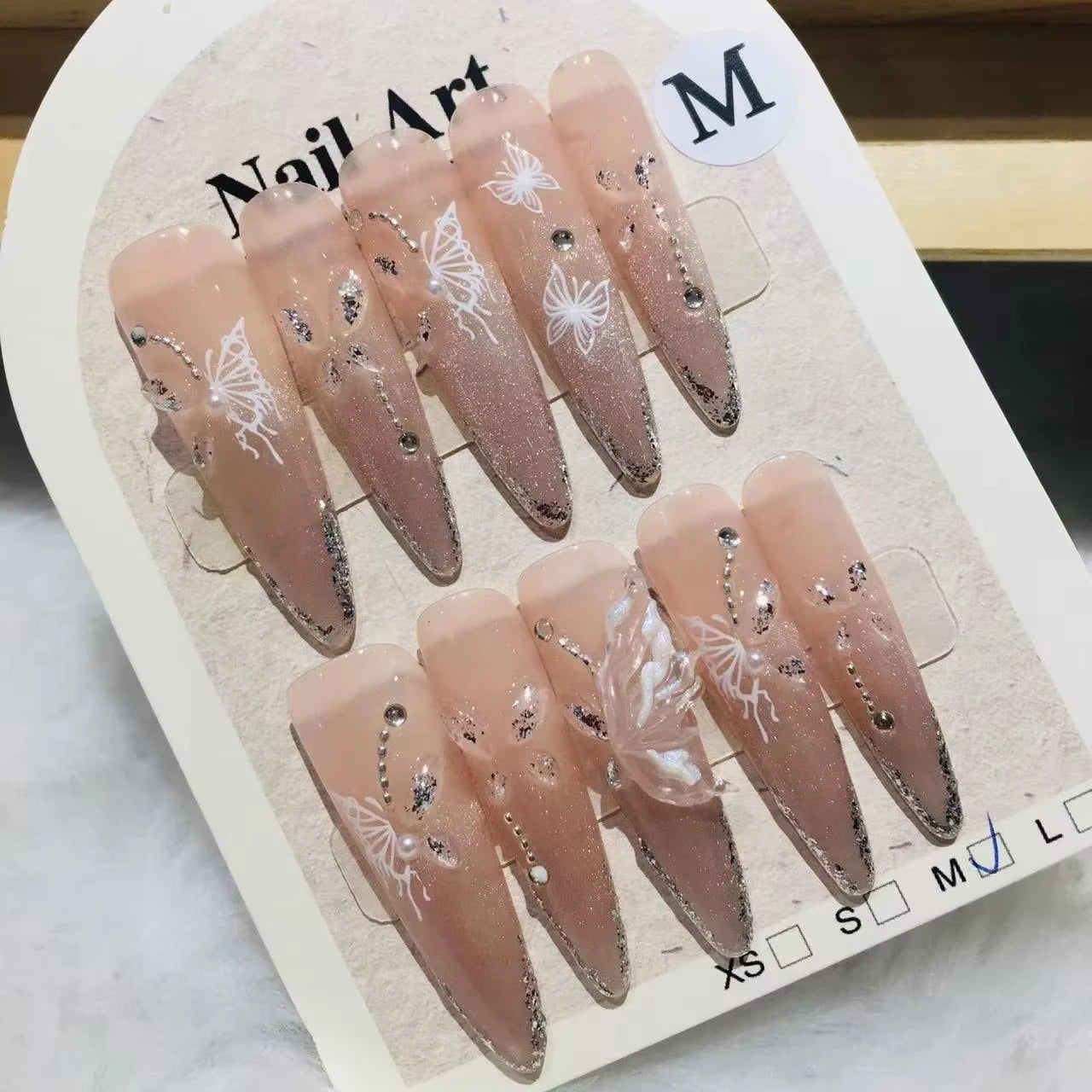 Handmade French Style Gold Cat Eye Long Almond 3D butterfly Press-On Nails High-Grade ABS Material Stiletto Long Tips