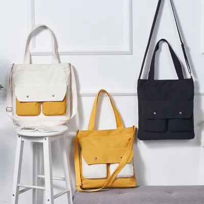Casual Small MOQ Cotton Canvas Tote Shoulder Bag With Front Pockets Wholesale Natural Eco Friendly Canvas Shopping Bag