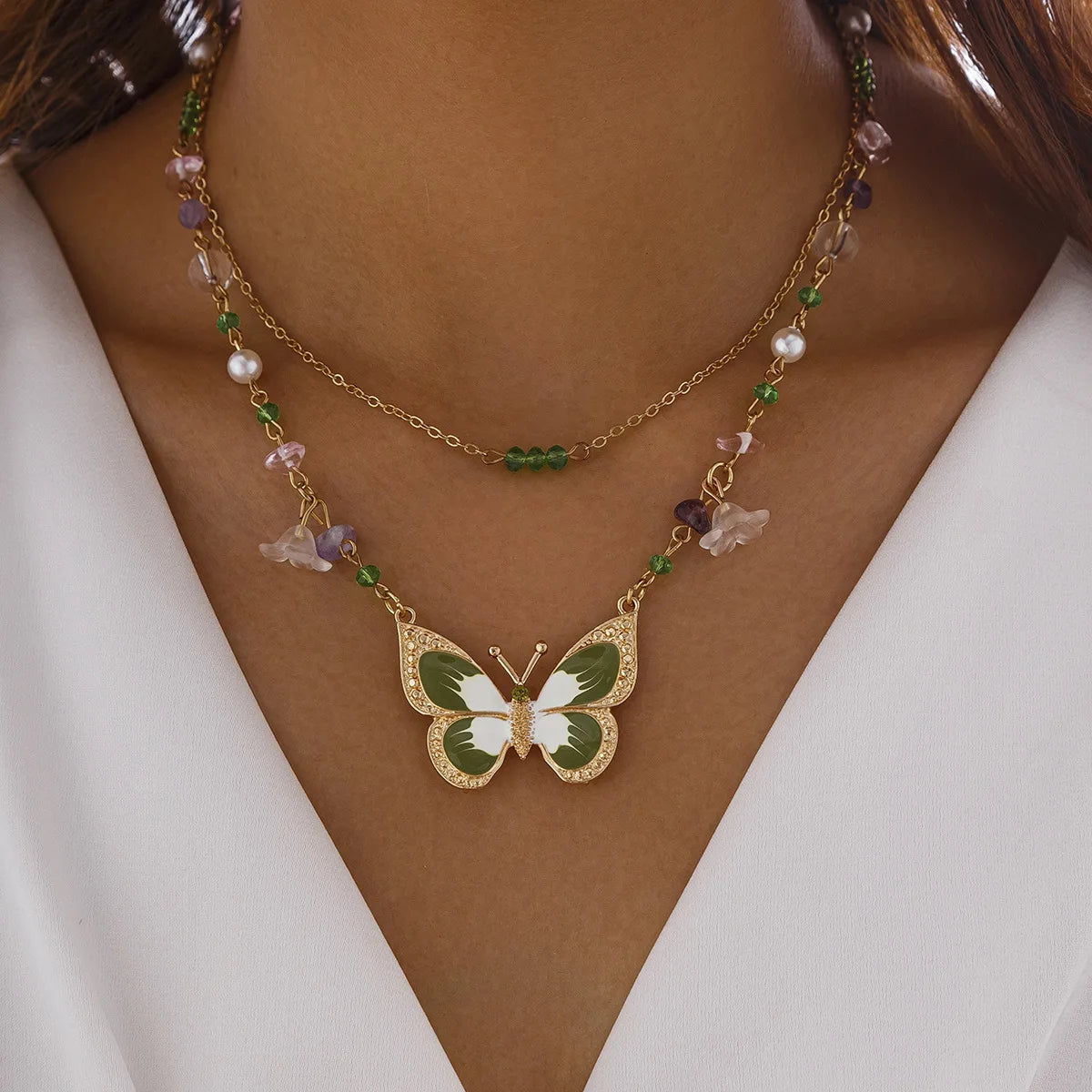 Vintage Gold Plated Enamel Butterfly Necklace Women 2 Layers Turquoise Beads Butterfly Choker Necklace for Girl