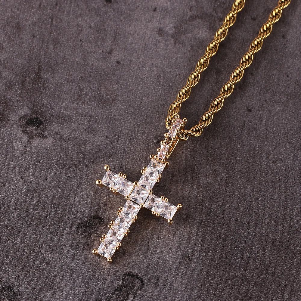 Hip Hop Micro Inlaid Zircon Solid Cross Pendant Fashionable Creative and Trendy Men's Necklace