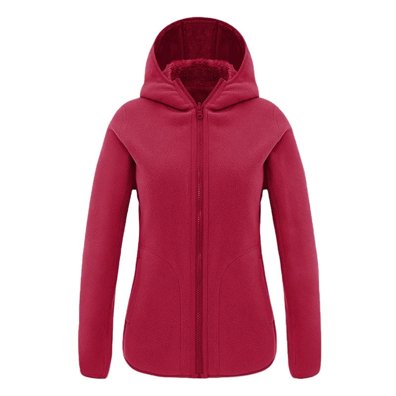 Reversible Super Soft Microfiber Brushed Outdoor Fleece Jacket Hood for Women Winter Warm Outerwear Full Zipper Solid Windproof
