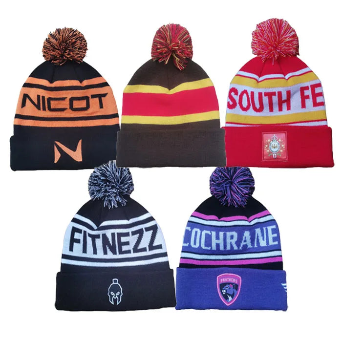 100% Acrylic Custom Winter Beanie Hat Wholesale OEM Knitted Pom Pom with Embroidered Logo Fashionable for Beach Business Scenes