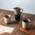 Wholesales Custom Nordic Reaction Blue/white/gray/Khaki Glaze Embossed Ceramic Coffee Mugs Vertical Stripes Porcelain Breakfast