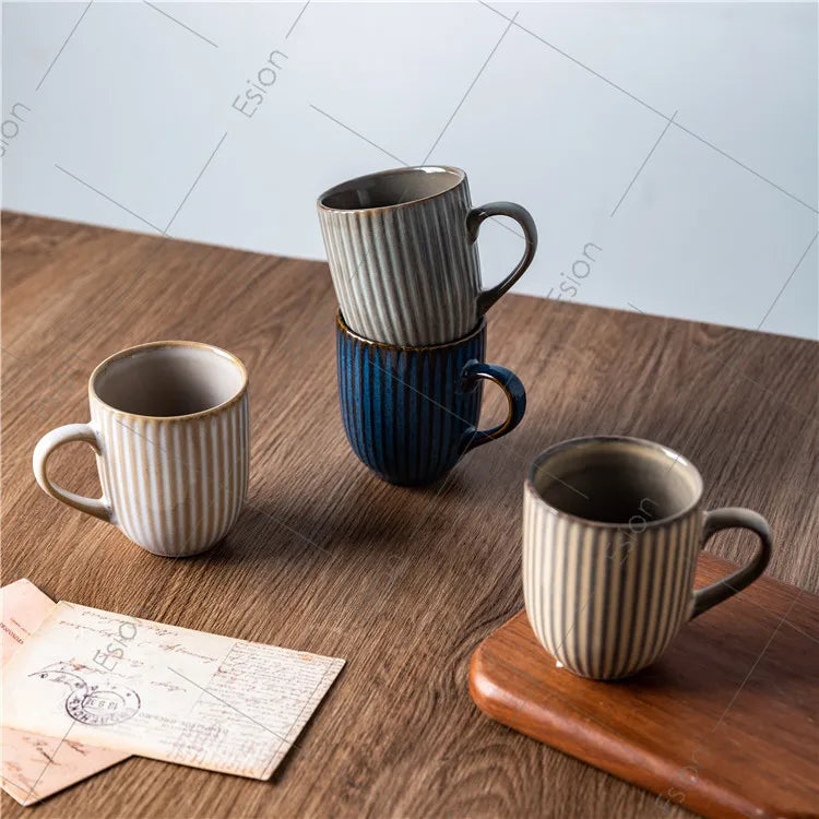 Wholesales Custom Nordic Reaction Blue/white/gray/Khaki Glaze Embossed Ceramic Coffee Mugs Vertical Stripes Porcelain Breakfast