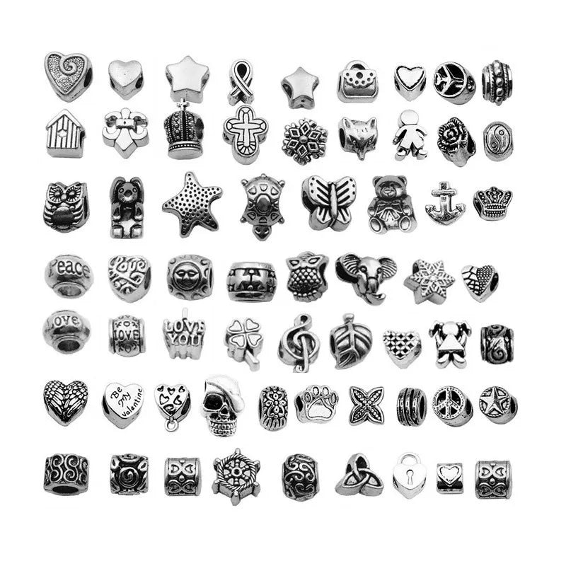 Mixed 60 Kinds Tibetan Silver Carving Large Hole Spacer Beads Alloy Charms for Diy Jewelry Making Accessories