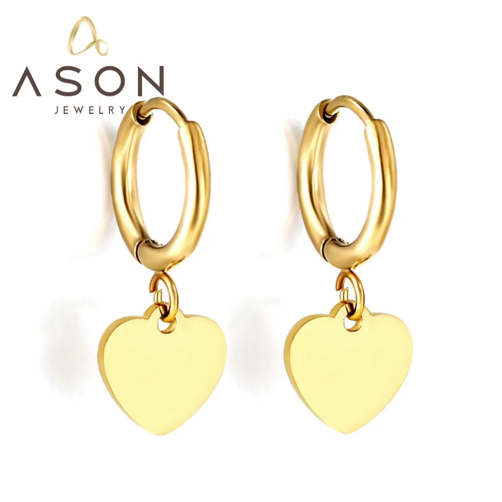 Ason New Style Hypoallergenic 18k Gold-plated Heart Dangle Earrings Women's Stainless Steel Love Heart Drop Hoop Earrings