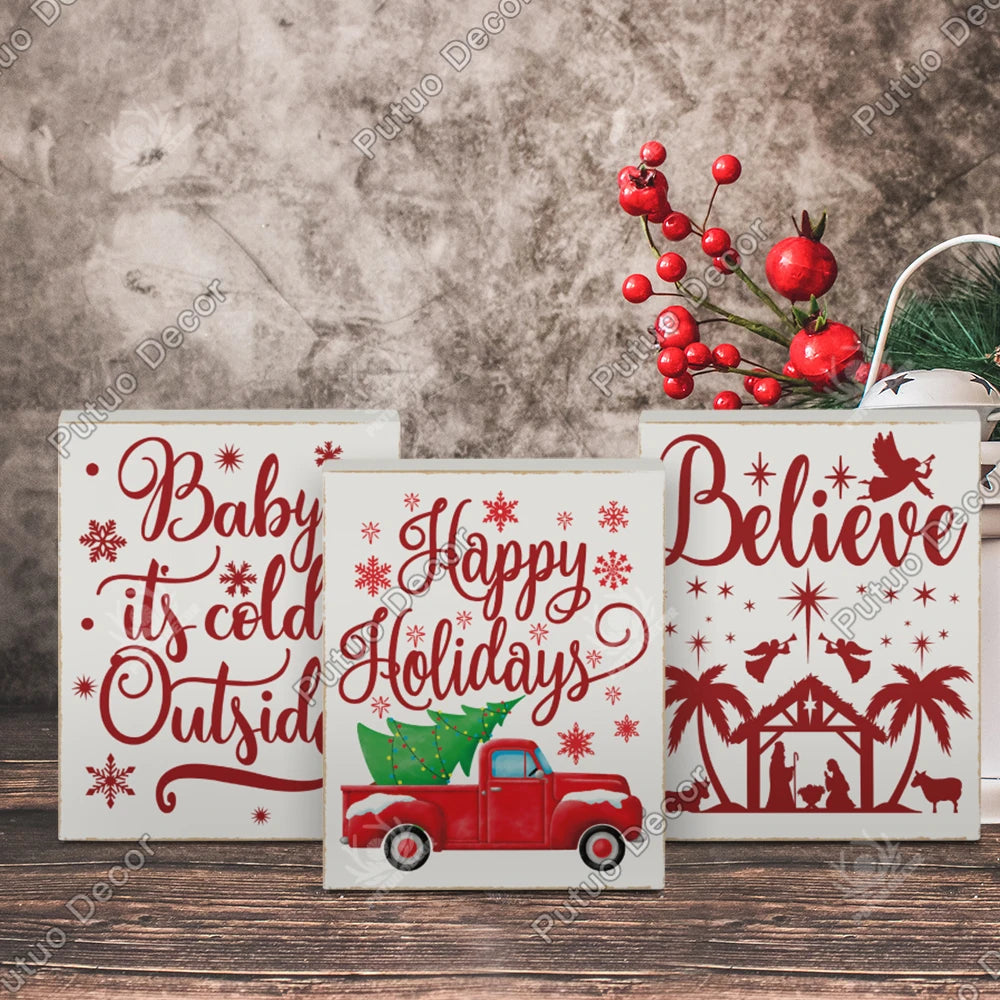 Putuo Decor Joyful Merry Christmas White Wooden Box Sign Holiday Gift Christmas Party Ornament Decoration