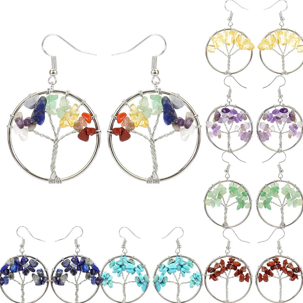 New Natural Crystal Stone Tree of Life Earrings Amethyst Rose Quartz Citrine Earrings for Women Gemstone Crystal Earrings