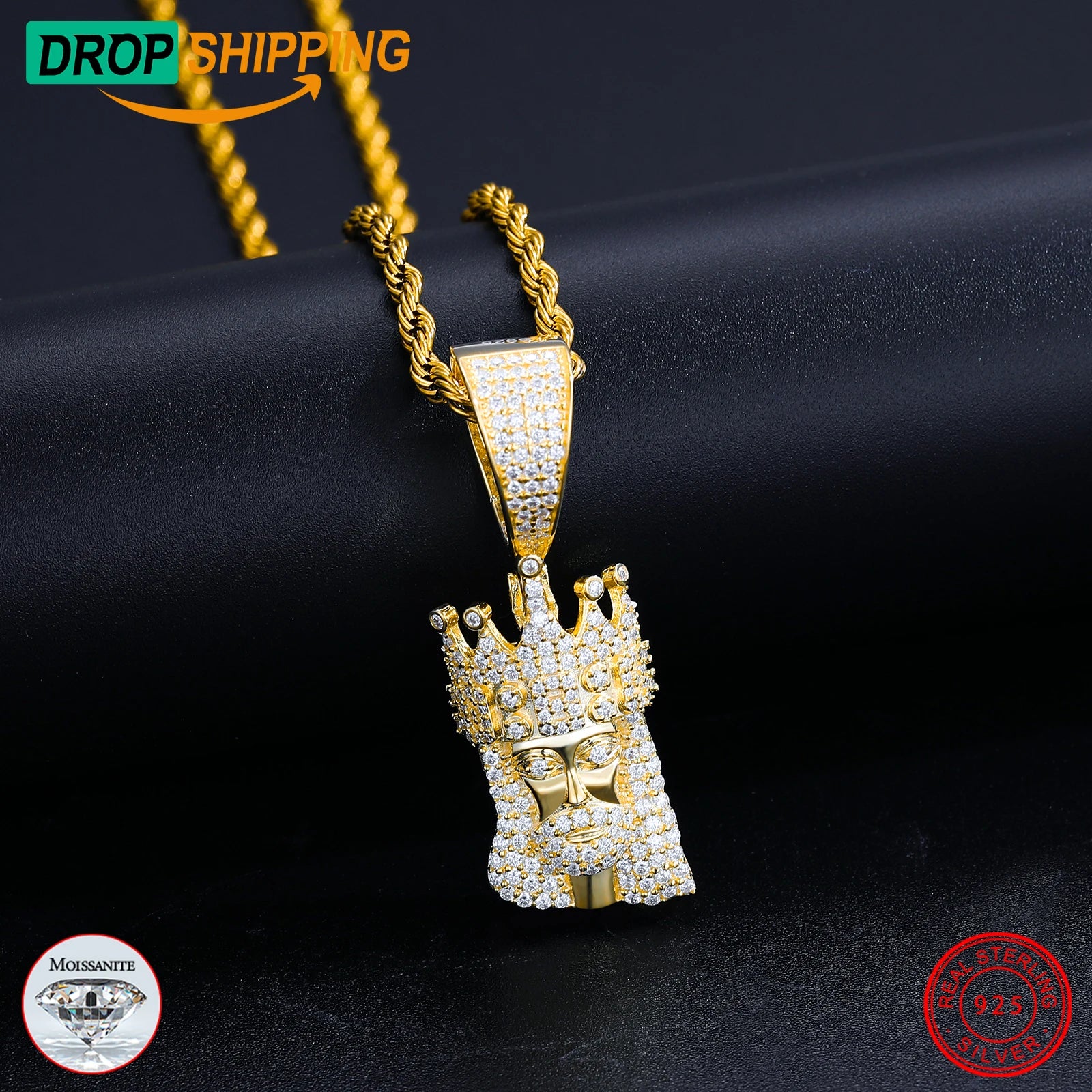 Dropshipping High Quality Hip Hop Jewelry 100% 925 Sterling Silver VVS Moissanite Iced Out Jesus King Pendant Necklace