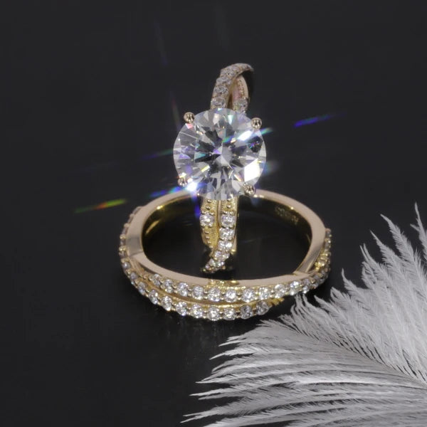 14k Yellow Gold Moissanite Ring Set 2 Carat Created Moissanite Engagement and Band Ring
