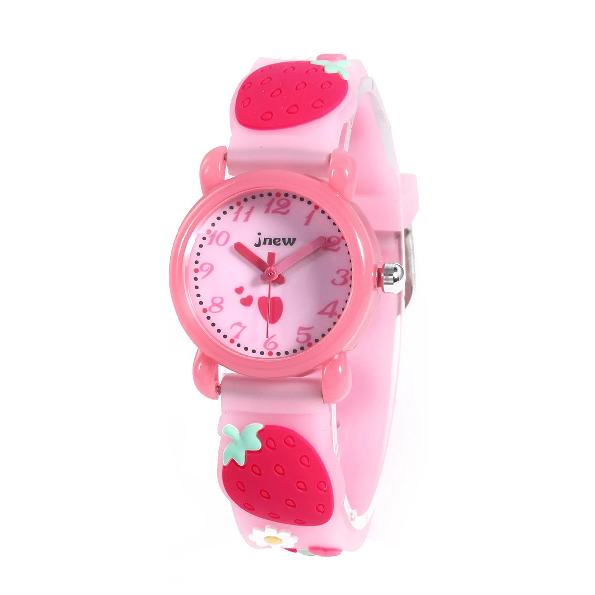 Bling Pink Strawberries Waterproof Quartz Watch for Girls with Fashionable PVC Strap