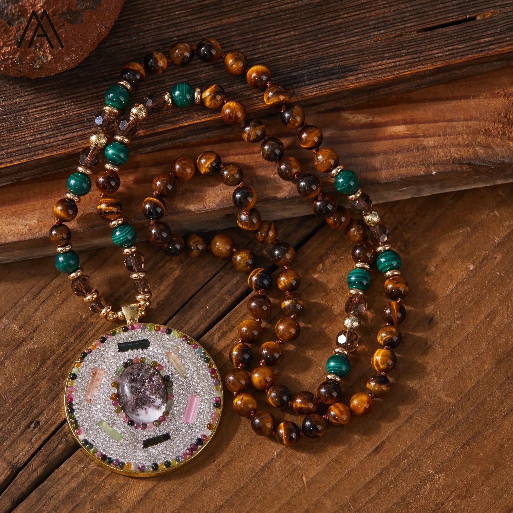 Trendy Tiger Eye Malachite Mala Bead Necklace Healing Crystal Energy Mineral Tourmaline Pendant Gold Man Jewelry Gift Weddings