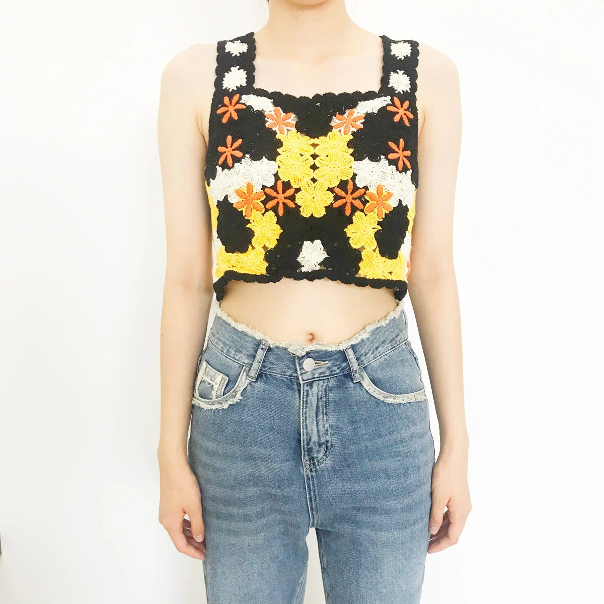 Teal Handmade Women's Cropped Lace Tank Tops Polyester/Cotton Embroidery New Design Straight Cut Adjustable Strap Square Pattern