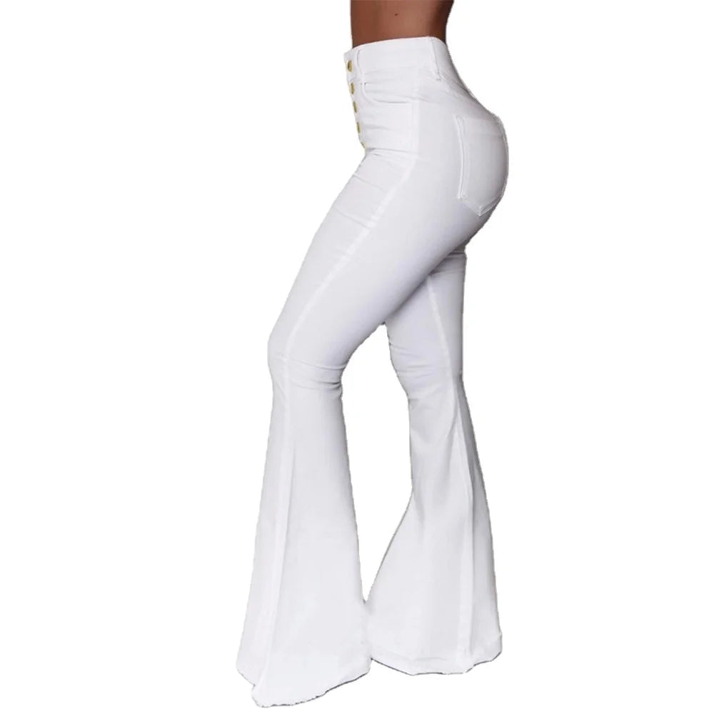 Women Pants Solid High Waist Button Fly Skinny Flare Pants With Pockets Fashion High Streetwear Vintage Flare Trousers Autumn