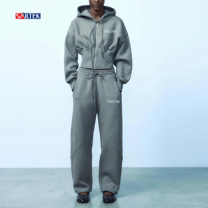 Wholesale Lady Winter Clothes 2025 Streetwear Sweatsuit Tracksuit Custom logo Two Piece Zip up Hoodie and Sweatpants Set