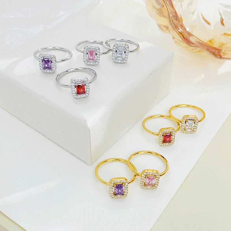 Women's Trendy Luxury Gold Plated Stainless Steel Rings Dainty Rectangular Zircon Jewelry in Classic Style