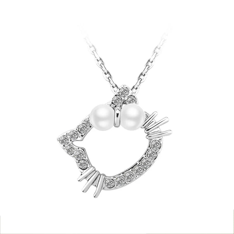 OUXI Cute Hello Kitty Zircon Crystal Fresh Pearl Rhodium Plated Europe America Style Pendant Necklace Beautiful Fashion Women