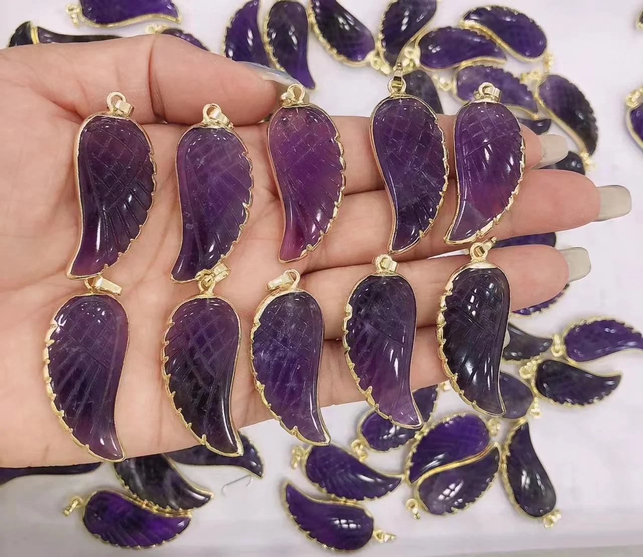 Natural Amethyst Crystal Wing Shape Gold Color Pendants Natural Quartz Healing Necklaces DIY Jewelry