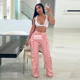 Wholesale Women Vintage Baggy Pants Solid Color Streetwear Wide Leg Cargo Pants Mid Waist Women Casual Pants