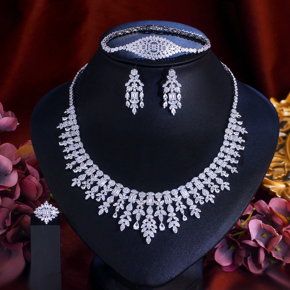 Tassel Drop Cubic Zirconia Saudi Arabia Big Wedding Banquet Necklace Dubai White Gold Color Bridal Party Costume Jewelry Sets