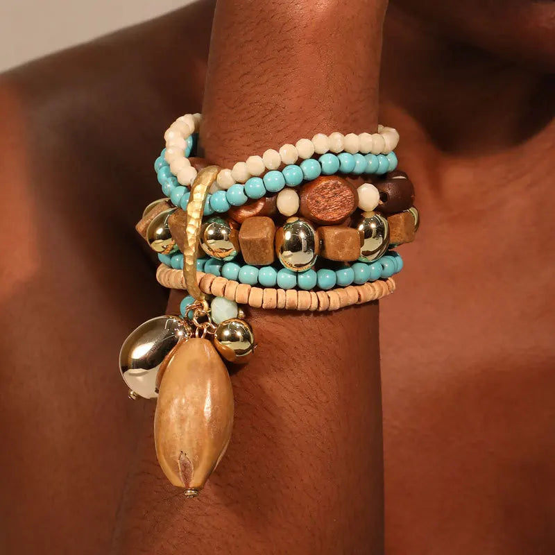 KAIMEI 2025 New Arrival 6 Bohemian Boho Handmade Bead Flower Starfish Pendant Layered Fish Star Beaded Bracelet Set Wholesale