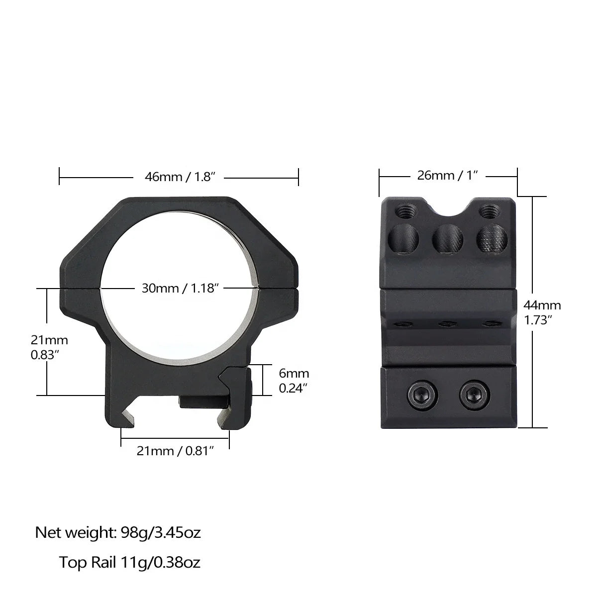 Ohhunt Optics Accessories 25.4 / 30mm Rings Center Height 0.83inch Base Scope Mount